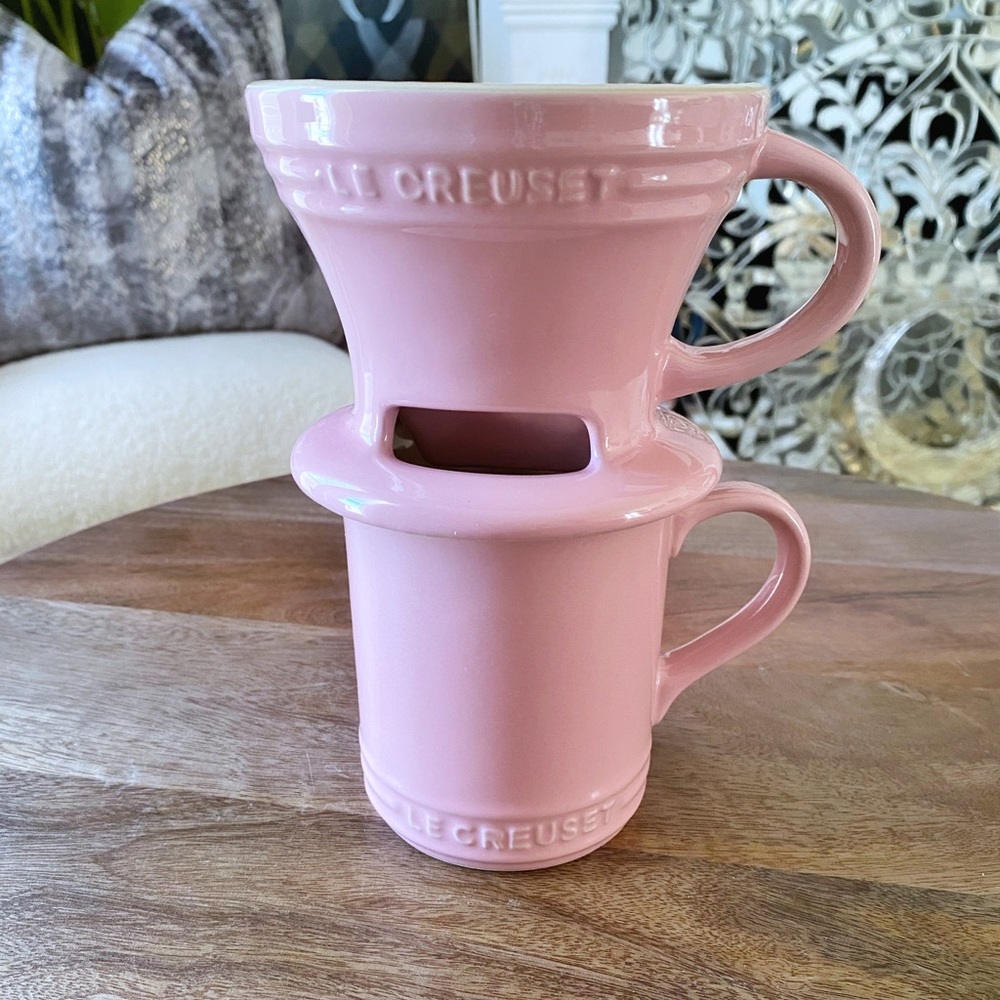 Le Creuset mug and pour over cone set in Satin Pink